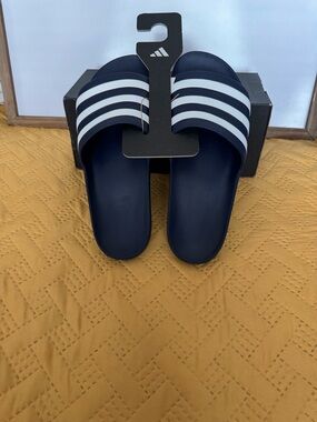 adidas Navy and White Stripe Slide Sandals